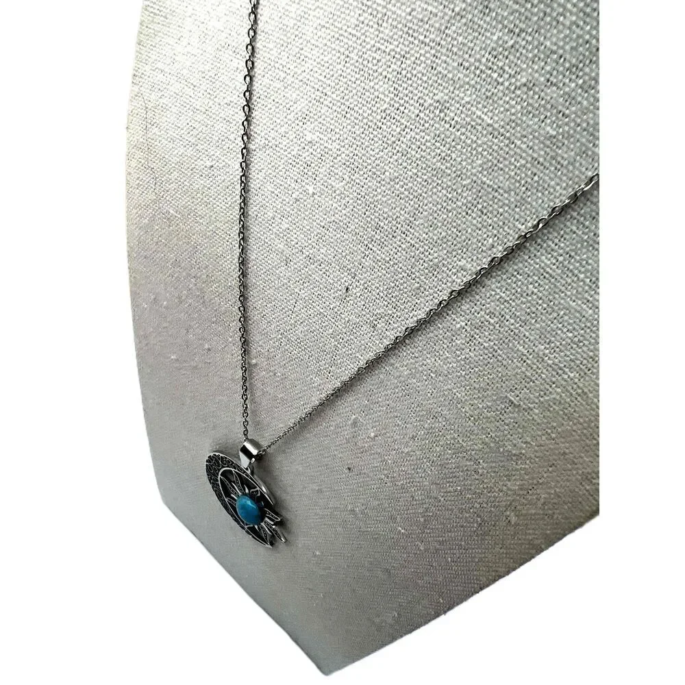 NEW Faux Turquoise Silver Chain Sun And Moon Pendant Necklace - Picture 6 of 9